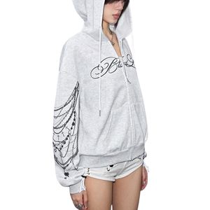 Sweat-shirt à capuche surdimensionné personnalisé gris avec imprimé graphique, manches à chaîne, style Y2K streetwear, vintage gothique, pour hommes et femmes - Product Image 4