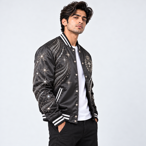 Chaqueta Premium de Satén con Pedrería para Hombre, Chaqueta Bomber con Diseño de Cristales Brillantes y Cuello Acanalado Cómodo para Uso Urbano - Product Image 3