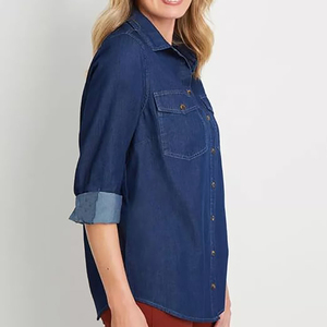 Chemises en jean élégantes pour femmes, 100% coton biologique, deux poches sur le devant, coupe décontractée, style cowgirl, chemise en jean slim fit, OEM - Product Image 3