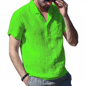 Polo en lin et coton blanc à manches courtes pour homme, décontracté, couleur unie, avec poche, respirant, coupe classique - Product Image 6