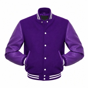 Men's Purple Varsity Jacket Solid Color Polyester/Cotton Shell Stand Collar <b>Covered</b> <b>Button</b> Closure Casual Regular Fit Winter - Product Image 1