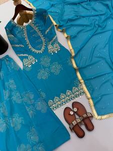 New Designer Georgette Solid Party Wear <b>Top</b>-Plazzo and Dupatta with Heavy Embroidery - Product Image 4