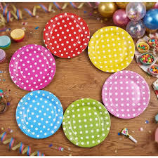 Assiettes en papier jetables à pois colorés de qualité alimentaire avec logo personnalisé pour les fêtes d'anniversaire modernes - Product Image 3