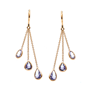 Boucles d'oreilles pendantes linéaires en tanzanite naturelle à taille mixte, en or jaune massif 18 carats, serties clos, avec pierres précieuses en forme de poire, de marquise et géométriques - Product Image 1