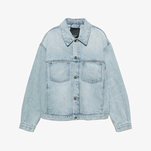 Veste en jean bleu clair pour homme, col rabattu, fermeture éclair, style vintage, décontractée, coupe classique, 100% coton tissé - Product Image 1