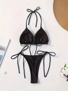 Conjunto de bikini a rayas para mujer, traje de baño de dos piezas, top halter ajustable y parte inferior de cintura alta para ropa de baño de vacaciones - Product Image 3