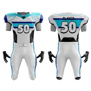 Men's American Football Jersey Set 50 White Blue Striped Sublimated Moisture Wicking Fitted Short Sleeve Uniform with Pants - Product Image 1