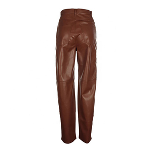Pantalon d'hiver décontracté en cuir véritable pour femme, coupe large, taille mi-haute, devant plat, marron, avec détails en dentelle - Product Image 3