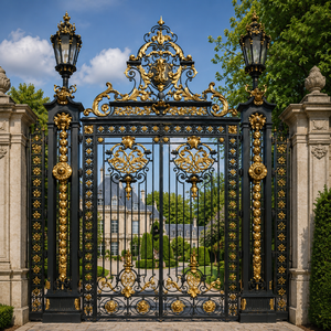 Portail de sécurité de luxe en fer forgé noir et or, avec motifs festonnés, pour entrée principale de grande villa et de manoir - Product Image 1
