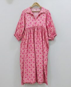 Vestido Túnica Midi 100% Algodón Ecológico con Estampado Floral Rosa Teñido a Mano para Mujer, Ropa de Oficina - Product Image 4