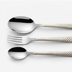 Ensemble de couverts modernes avec manche à motif damier, finition miroir haute brillance, ustensiles en métal résistants à la rouille pour les dîners de mariage - Product Image 3