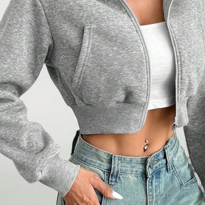 High Quality Y2K Cropped Zip Hoodie Women 100% Cotton Fleece Minimal <b>Rhinestone</b> Oversized Streetwear Crop Hoodies <b>Jacket</b> - Product Image 5