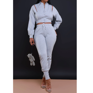Ensemble deux pièces gris pour femme, col mandarin, taille haute, tricoté, décontracté, style urbain, toutes saisons, couleur unie, manches bouffantes - Product Image 4