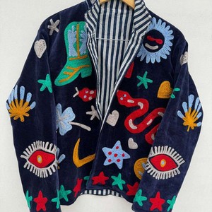 Veste en velours de coton respirant brodée à la main, col montant, manches longues, motif floral, pour l'hiver et l'automne, réversible, pour femme - Product Image 4