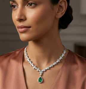 Collier pendentif poire vert émeraude, motif feuille, ensemble de bijoux effet diamant pour fête et mariage - Product Image 2