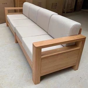 Sofá Elegante Moderno Minimalista de Madera Maciza con 4 Asientos y Reposabrazos Cuadrados Anchos - Product Image 1