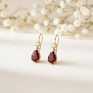 Boucles d'oreilles pendantes en argent sterling 925 ou plaqué or 18 carats avec grenat rouge naturel et zircon cubique, facettées, cadeau - Product Image 1