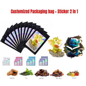 Customized Holographic Mylar Zipper Bag 3D Sticker 2-in-1 Combination Of Food-Grade Plastic Packaging Candy Biscuit Flower Bag