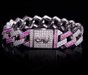14mm Width 7.5 Inch 925 <b>Solid</b> <b>Silver</b> Natural Diamond IGI Certified Pink Color Hip Hop Men's Party <b>Bracelet</b> - Product Image 3
