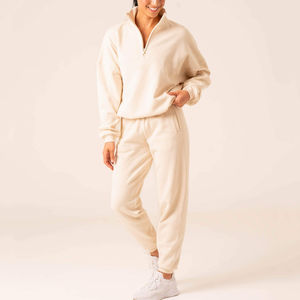 Conjunto de Sudadera Corta Personalizada para Mujer, Sudadera con Cierre de Alta Calidad de 400GSM, Pantalones Deportivos de Pierna Recta, Traje Deportivo de Felpa - Product Image 1