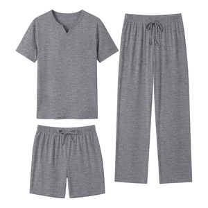 Conjunto de camiseta y pantalones cortos casuales de verano para hombre, cuello en V, color sólido, tejido de algodón y spandex, transpirable. - Product Image 5