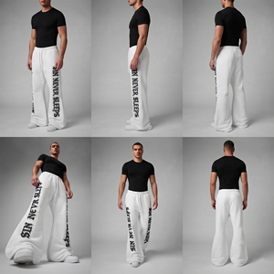 Pantalon de survêtement large évasé pour homme, taille à cordon, lettres brodées, style décontracté urbain, en coton éponge respirant 400 GSM - Product Image 5