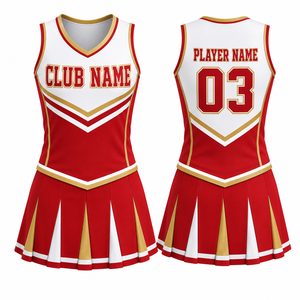 Uniformes de cheerleading personnalisés, jupe rouge, blanche et dorée, style sublimation imprimé, taille adulte, nom du joueur, numéro 03 - Product Image 1