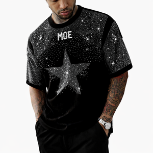 Camisetas Personalizadas para Hombre con Gráfico de Estrella con Pedrería Negra en Toda la Superficie, Ropa Urbana de Lujo, Camiseta de Algodón, Marca de Moda con Etiqueta Privada Personalizada, EE. UU. - Product Image 1