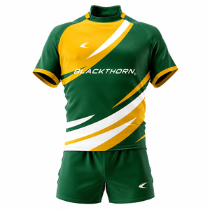 Conjunto de Camiseta de Rugby para Hombre Blackthorn, Sublimada, Manga Corta, Verde y Amarillo a Rayas, Corte Atlético, Absorbe la Humedad, Cuello en V, para Todas las Temporadas - Product Image 1