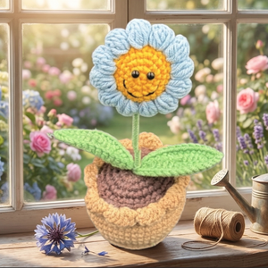 Blue Sunflower Smile - Muñeco de Ganchillo Hecho a Mano al por Mayor, Temática Floral, Planta en Maceta, Muñeco de Hilo, Regalo, Amigurumi, Arte en Papel, Marca Viet - Product Image 1