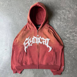 Sweat à capuche zippé oversize rouge pour homme, style streetwear, logo imprimé en relief sur le devant, en coton French Terry, manches classiques, style automne - Product Image 1