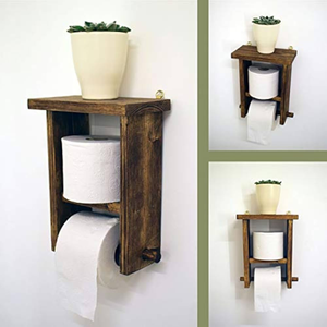 Porte-papier toilette mural rustique en bois avec étagère, support de rangement double niveau pour salle de bain - Product Image 1