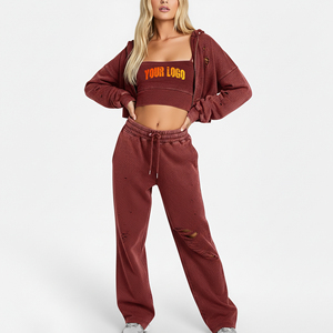 OEM 100% Cotton Solid Color Zipper Embroidered Hoodie Flare <b>Jogger</b> Distressed Women's 2-Piece <b>Set</b> Streetwear Winter Fleece - Product Image 2