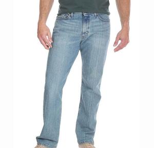 Jean en denim délavé coupe droite pour homme, taille mi-haute, fermeture boutonnée, pantalon décontracté 100 % coton tissé anti-rétrécissement - Product Image 1