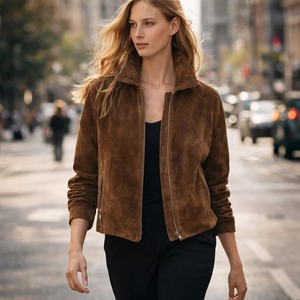 Chaqueta bomber informal de gamuza para mujer, chaqueta de gamuza con cremallera frontal, abrigo estilo camionero con cremallera, chaqueta transpirable a prueba de viento - Product Image 5