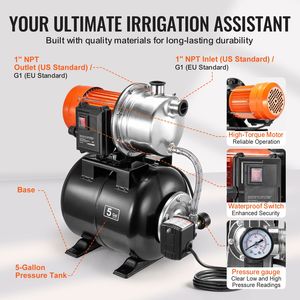 Pompa di Sollevamento Acqua Automatica da 1 HP per Irrigazione, 1000 GPH con Prevalenza di 130 ft, 20/40 PSI, per Pozzi Poco Profondi e Serbatoi a Pressione - Product Image 6