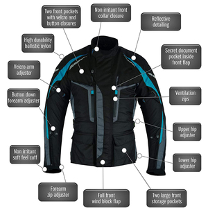 Blouson de moto pour homme noir, bleu et gris, style motard, fermeture éclair, col montant, coupe classique, coupe-vent - Product Image 6