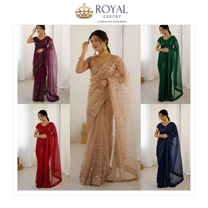 Globally Selling Best Quality Wedding Wear Designer Indian Clothing Net <b>Saree</b> with Unstitched <b>Blouse</b> and Sequence Work - Product Image 6