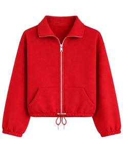 Sudadera corta de forro polar gris carbón con cremallera completa para mujer, cuello polo, bolsillos delanteros, cordón ajustable, estilo casual y cálido para la calle - Product Image 1