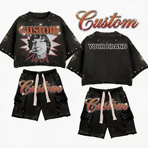 Conjunto de Camiseta y Pantalones Cortos con Estampado Personalizado, Estilo Oversize, Calidad Premium, Hombros Caídos, Manga Corta, Estilo Desgastado, Unisex, Ropa Urbana, OEM - Product Image 1