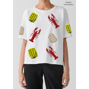 Camiseta de manga corta para mujer, informal, holgada, 100% algodón, transpirable, con bordado de lentejuelas y parches con diseño de cangrejo de río y motivos animados - Product Image 2