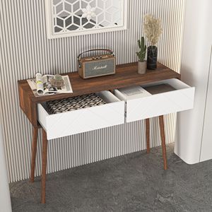 Consolle con 2 cassetti intagliati, tavolo da ingresso con spazio contenitore, gambe in legno per divano o corridoio - Product Image 4