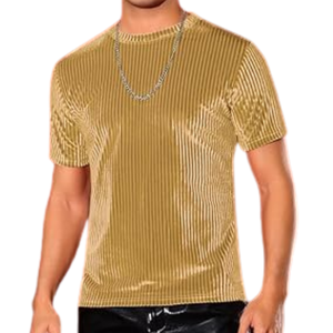 Camiseta de terciopelo acanalado de manga corta ajustada dorada para hombre, camiseta de terciopelo con rayas verticales, top liso de lujo para culturismo y gimnasio - Product Image 3