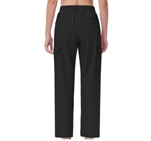 Women Black Cargo Pants Mid Waist Drawstring <b>Ankle</b>-Length Quick Dry Knitted Polyester Casual Spring Solid Color Regular Fit - Product Image 3