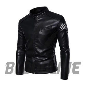 Men's Black PU <b>Leather</b> Moto Biker <b>Jacket</b> Stand Collar Slim Fit Zipper Closure Left Sleeve Claw Print Autumn Wear - Product Image 1