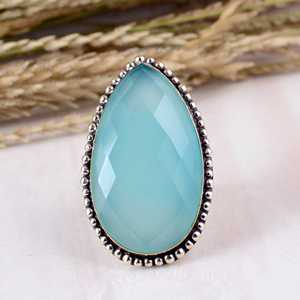 SHYAM JEWELRS Teardrop Aqua Chalcedony <b>Silver</b> Rose Cut Statement <b>Ring</b> Vintage Tribal Beaded Edge Design <b>Boho</b> Hippie Unisex - Product Image 1