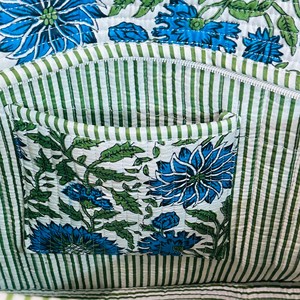 Sac fourre-tout matelassé en coton pour femme, imprimé floral, style bohème, fermeture éclair, sac de shopping, motif rayé vert et bleu - Product Image 2