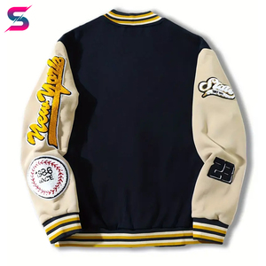 Trendy Streetwear Black & White Contrast With Letter Embroidery & Patch Snap Closure Multiple Pockets College Baseball <b>Jackets</b> - Product Image 3