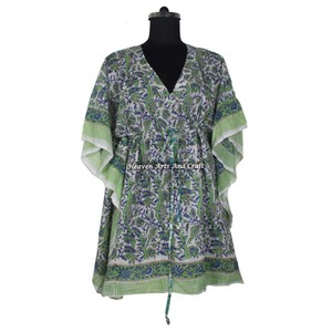 Caftán de Algodón Estampado a Mano, Abaya India Hecha a Mano, Modelo KFCS034, Diseño Maxi con Mangas Cortas, Talla XL, Estilo Dubái - Product Image 5