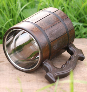 Handmade Wooden Beer <b>Mug</b> Wood Stainless Steel Cup Gift Natural Wood Retro Beige Metal Flask Beer Barrel <b>Mug</b> - Product Image 3